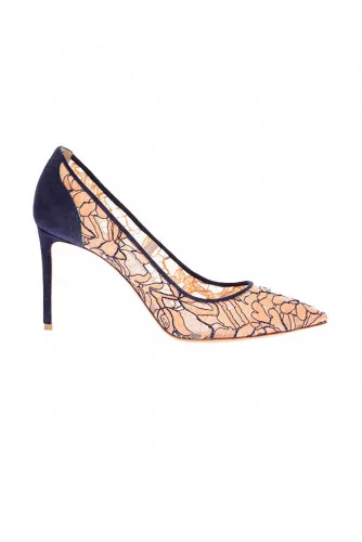 Lace and split leather pumps with pointed tip 85