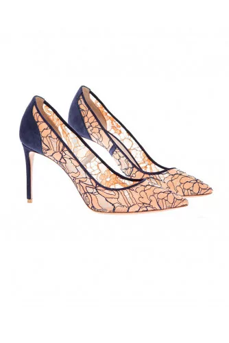 Lace and split leather pumps with pointed tip 85