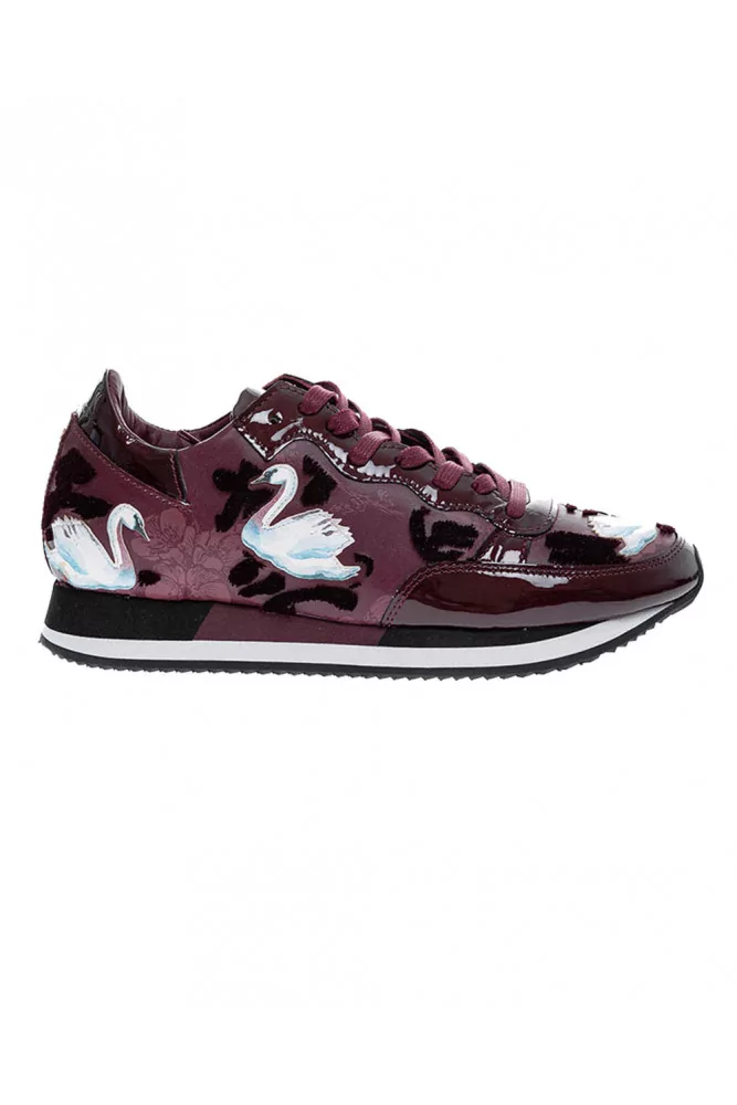 Philippe Model - Tropez Bright - Sneakers en veau imprimé fleurs et cygnes 41 Bordeaux