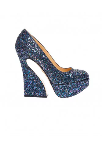 Glitters and leather high heels with psychedelic shape 155