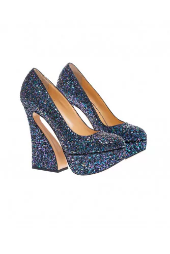 Glitters and leather high heels with psychedelic shape 155