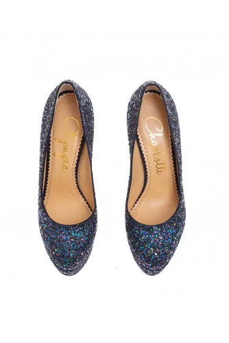 Glitters and leather high heels with psychedelic shape 155