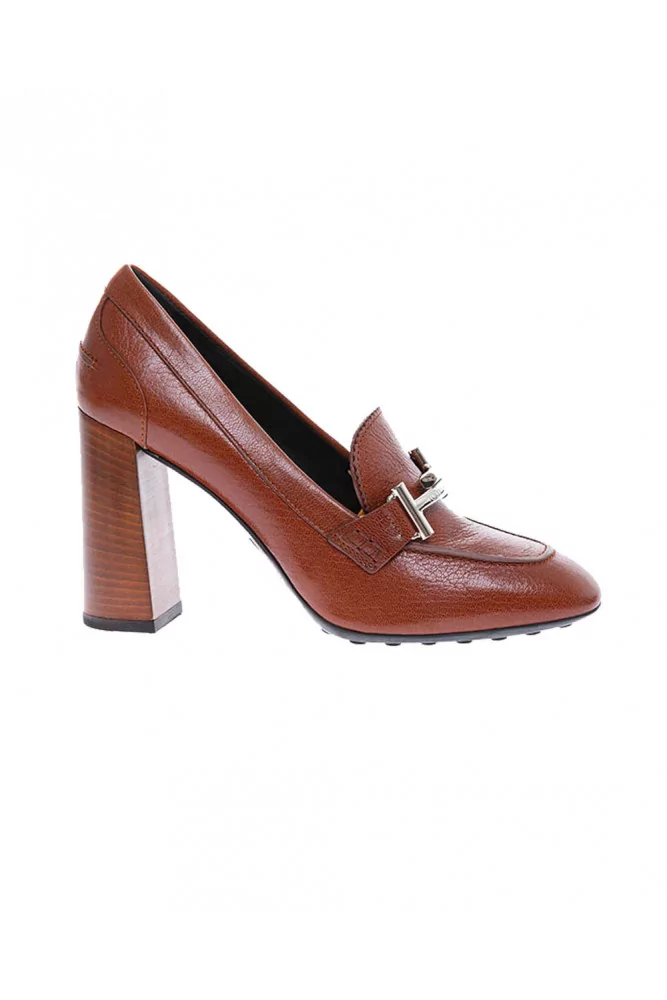 Tod's - Maxi Doppia T - Mocassins à talons en cuir de chèvre 95 38 1/2 cognac