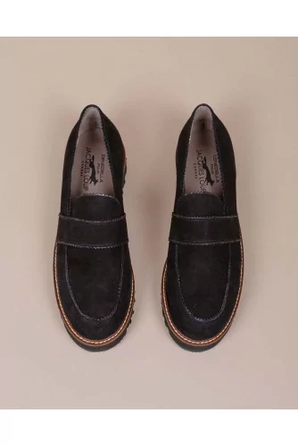 Suede moccasins with decorative tab