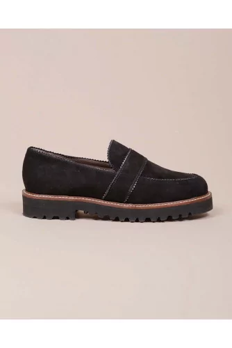 Suede moccasins with decorative tab