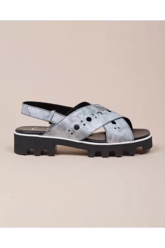 Calf leather flat sandals with straps and decorative perforation pattern