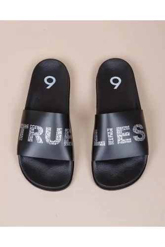 PVC beach mules with text - True Lies