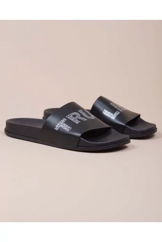 PVC beach mules with text - True Lies