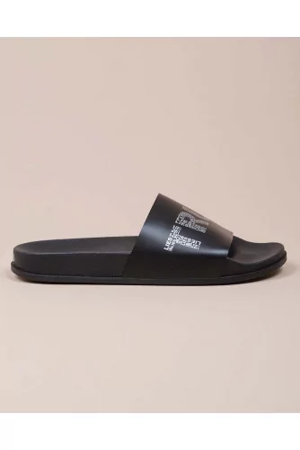 PVC beach mules with text - True Lies