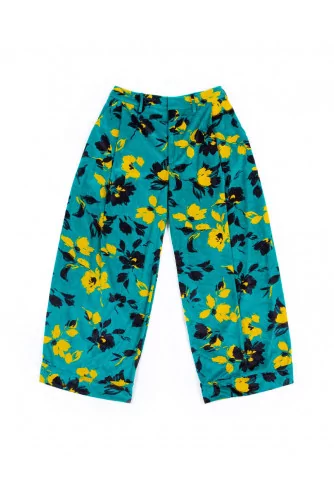 Pantalon Miharayasuhiro en pane de velours, large à pinces, vert/fleurs jaunes