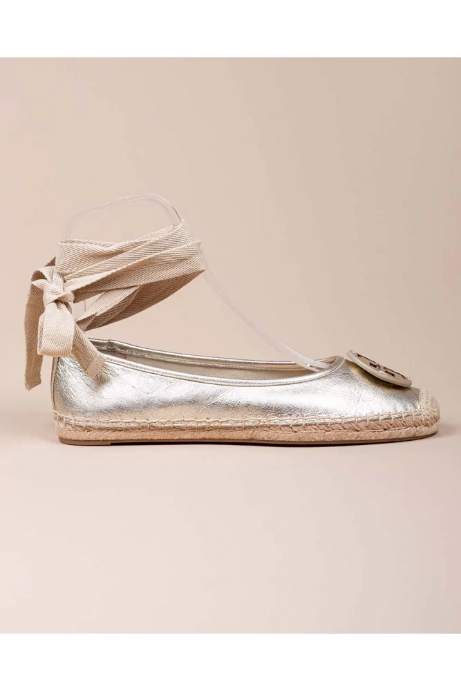 Tory Burch - Espadrilles en cuir nappa avec ruban à nouer autour de la  cheville et semelle en corde, or, pour femme