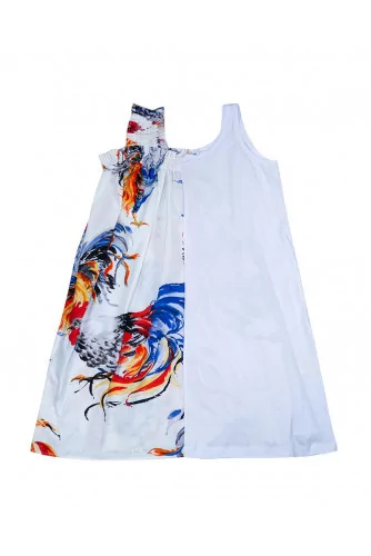 Cotton and jersey asymmetrical dress with rooster print