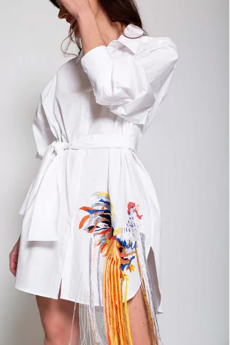 Popeline cotton shirt dress with rooster embroidery LS