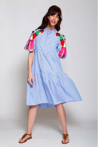 Robe Stella Jean blanc-bleu ciel-multicolor