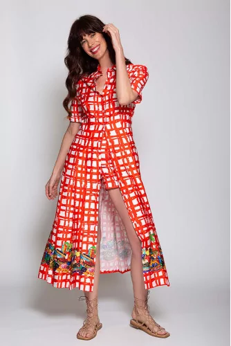 Long cotton dress with checkered pattern