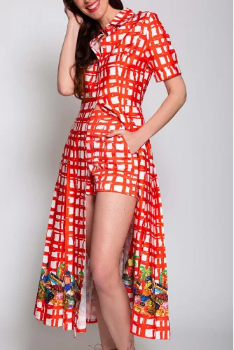 Long cotton dress with checkered pattern