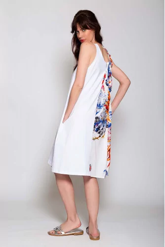 Cotton and jersey asymmetrical dress with rooster print