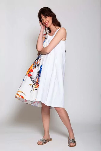 Cotton and jersey asymmetrical dress with rooster print