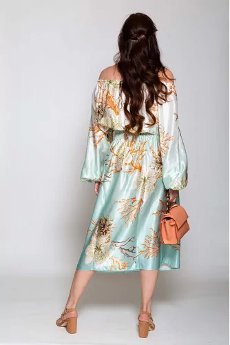 Midi dress with silk and coral print LS