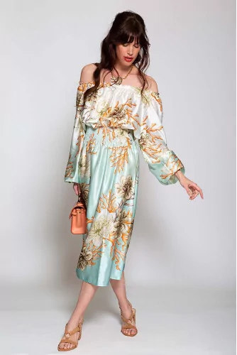 Midi dress with silk and coral print LS