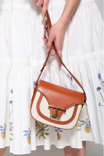 Leather and toile bag with gold T buckle - small size