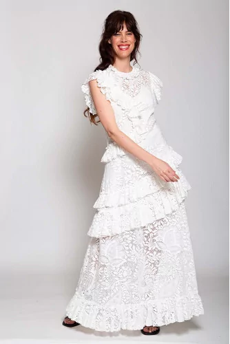 Long lace dress with asymmetrical frills