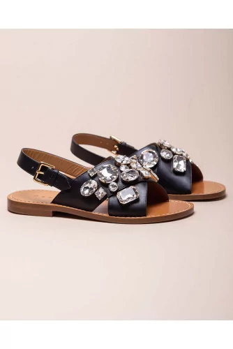 Flat leather sandals with decorative stones