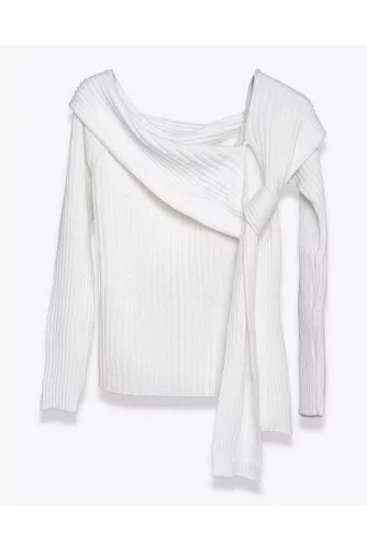 Ribbed wool and acrylic jumper with knotted collar LS