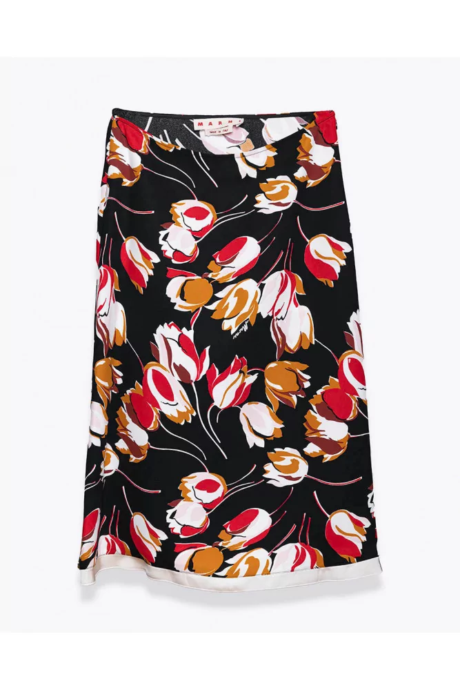 Marni - Black skirt with multicolored tulips print with trapeze 