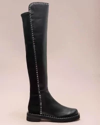 5050 - Leather and stretch tissu over the knee boots with flat nails 35