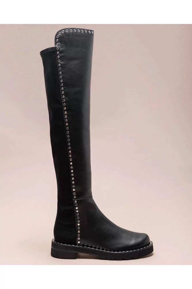 5050 - Leather and stretch tissu over the knee boots with flat nails 35