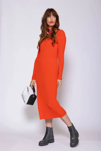 Wool long dress with almond shaped neckline LS