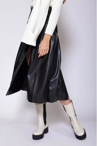 Paneled eco leather skirt with split