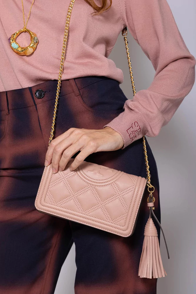 Fleming Waller of Tory Burch - Pink quilted clutch bag with crossbody  shoulder strap for women