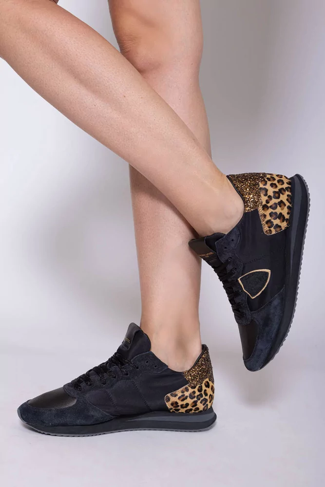 Tropez X - Split leather and nylon sneakers with leopard print