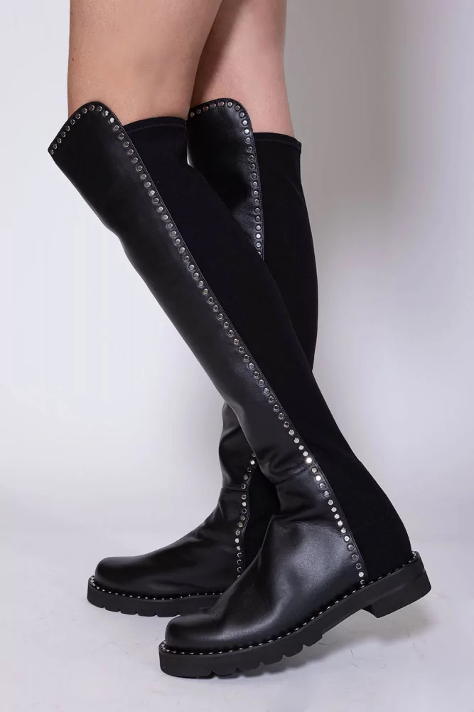 Stuart Weitzman - 5050 - Cuissardes en cuir et tissu stretch avec clous plats 35 36 1/2 noir