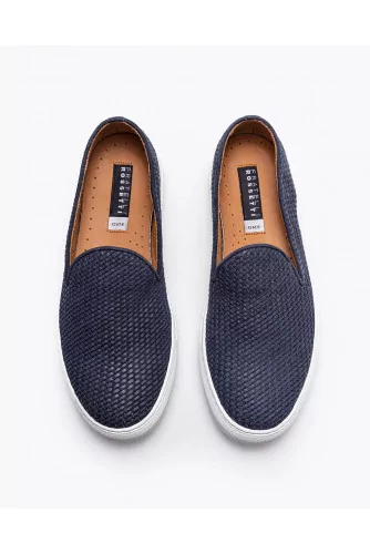 Woven leather and suede slip-ons