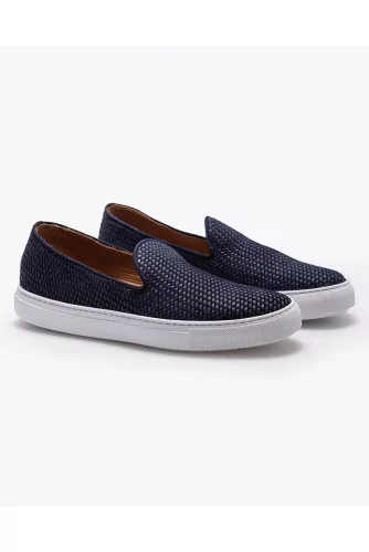 Woven leather and suede slip-ons