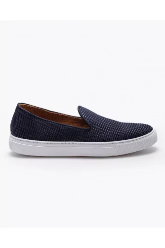 Woven leather and suede slip-ons