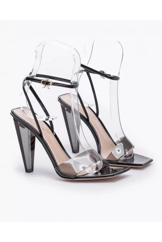 Varnished leather and vinyl high heeled sandals with bracelet bridle 105