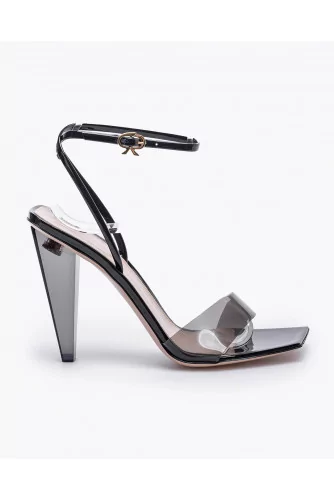 Varnished leather and vinyl high heeled sandals with bracelet bridle 105