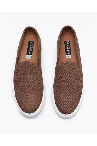 Woven leather and suede slip-ons