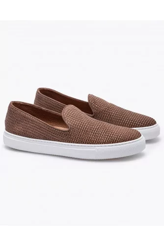 Woven leather and suede slip-ons