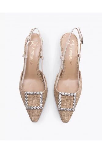 Nappa leather and raffia cut shoes with rhinestone buckle 55