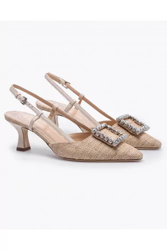 Nappa leather and raffia cut shoes with rhinestone buckle 55