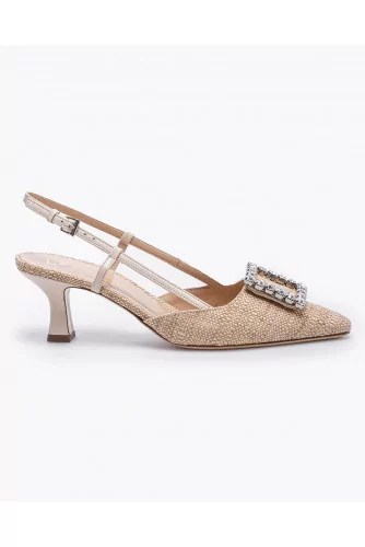 Nappa leather and raffia cut shoes with rhinestone buckle 55