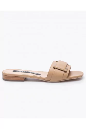 Flat leather mules with decorative buckle