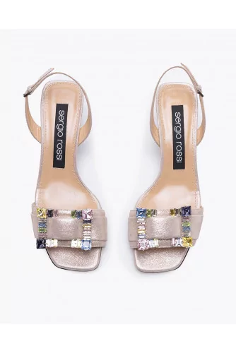 Metallized suede high-heeled sandals with decorative buckle