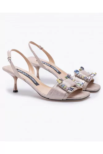 Metallized suede high-heeled sandals with decorative buckle