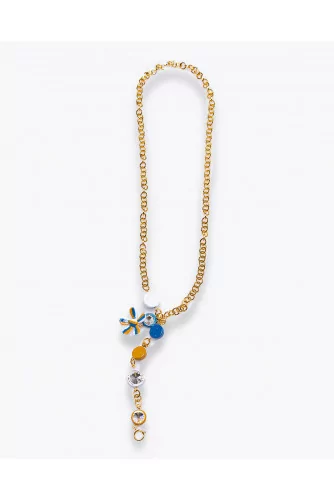 Brass necklace with rhinestones and gold colored metal chain